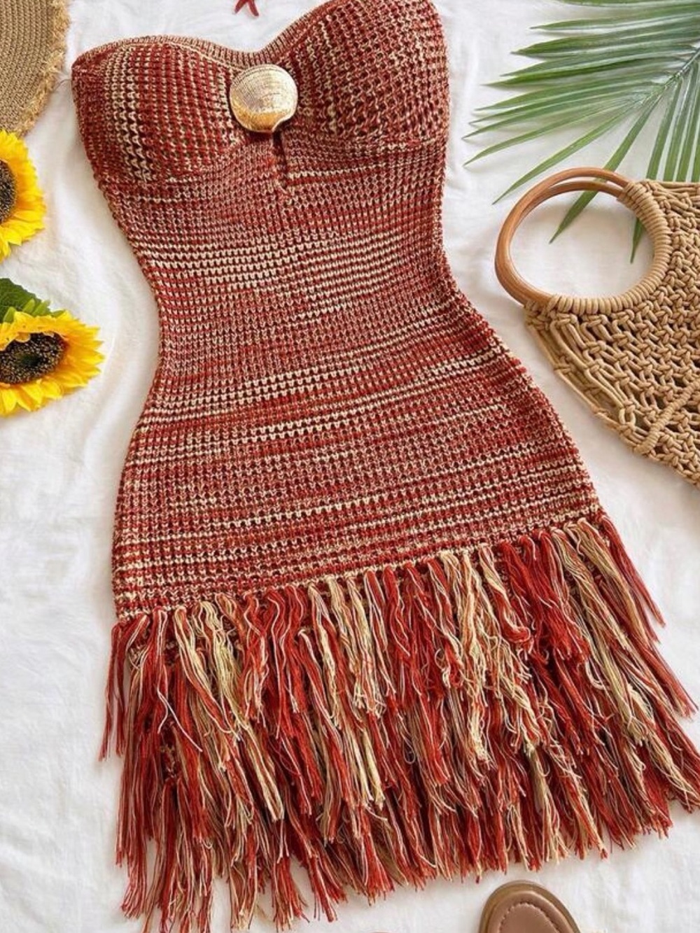 Soleia Women's Rust Summer Boho Knitted Textured Metallic Fringe Mini dress